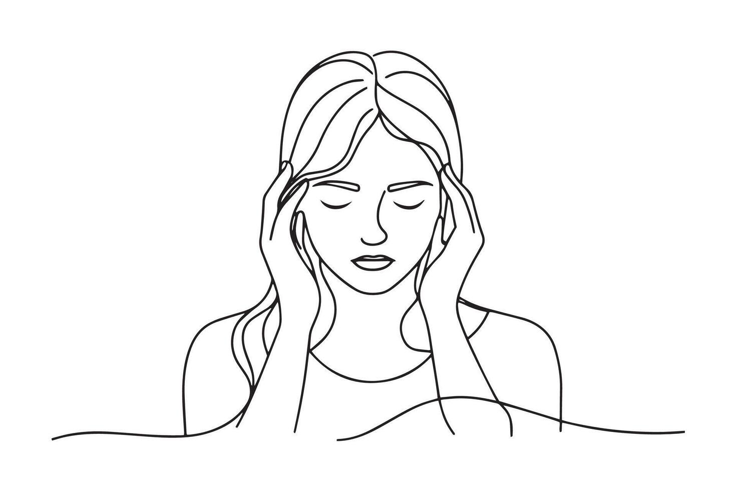 young girl holding his head in pain, depicting the discomfort of a headache with a pained expression One line continuous line art illustration on white background. vector