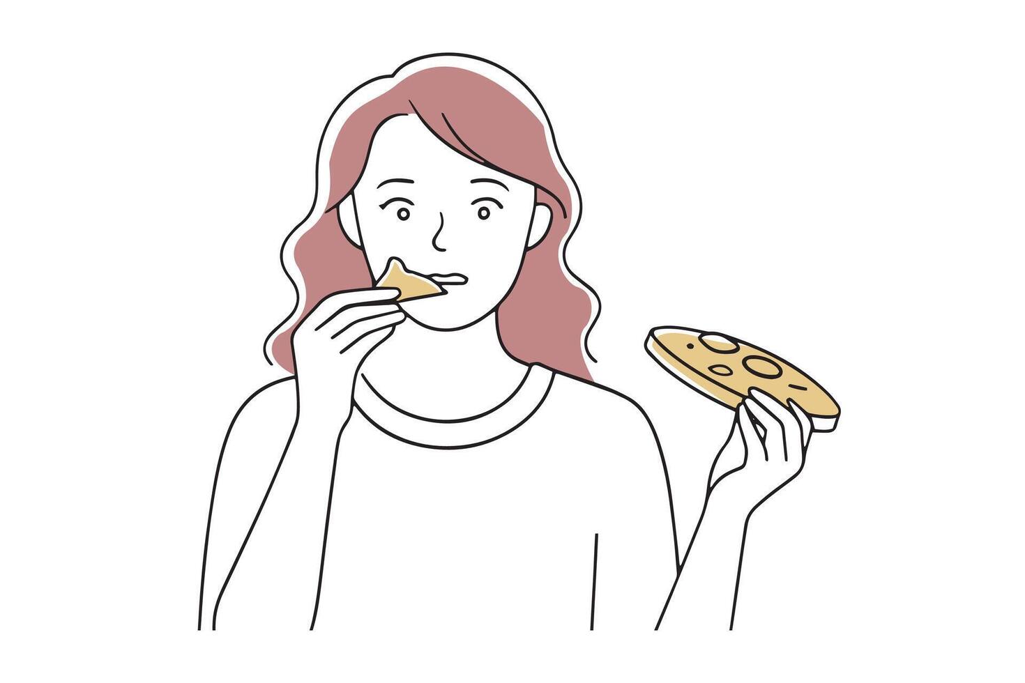 Woman enjoying a slice of pizza and a serving of french fries, showcasing a delightful meal experience doodle continuous line art illustration vector