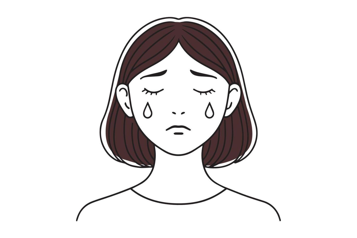 Girl with tears streaming down her face, expressing deep sadness and emotional distress doodle continuous line art illustration. vector