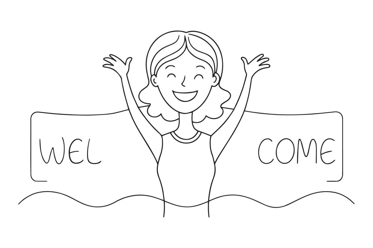 A cartoon woman joyfully extends her arms, holding a vibrant welcome sign, inviting everyone with a warm smile One line continuous line art illustration on white background vector