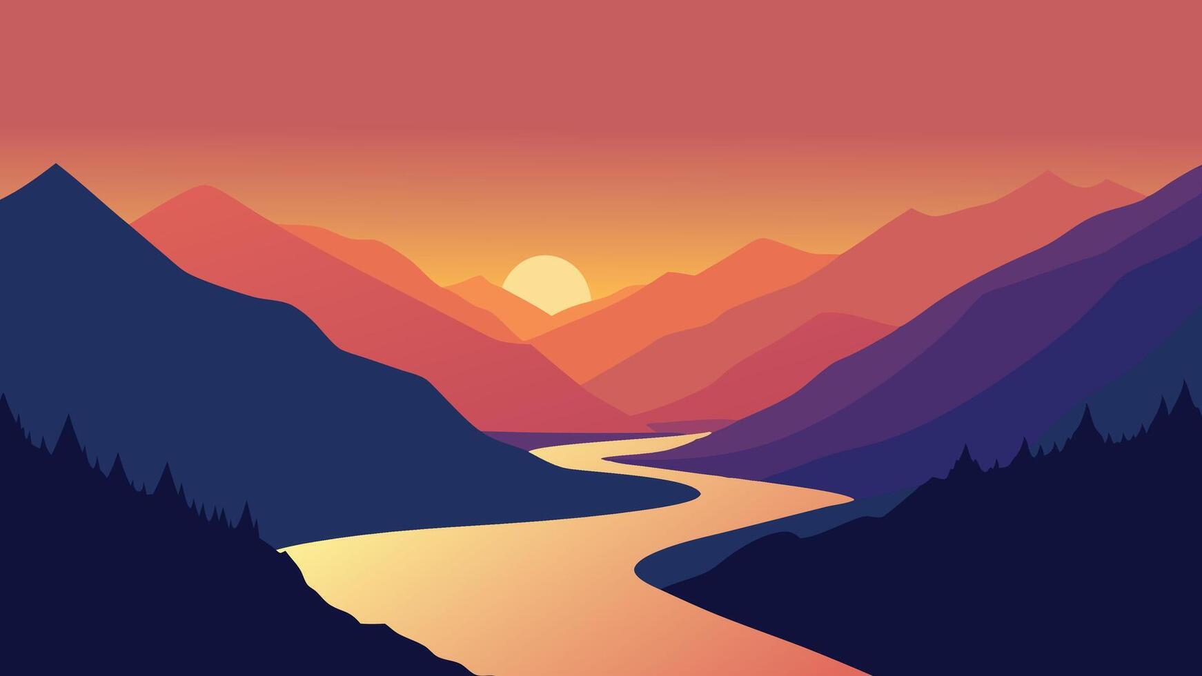 A serene river meanders through a mountain valley, illuminated by the warm hues of a sunset sky flat illustration vector