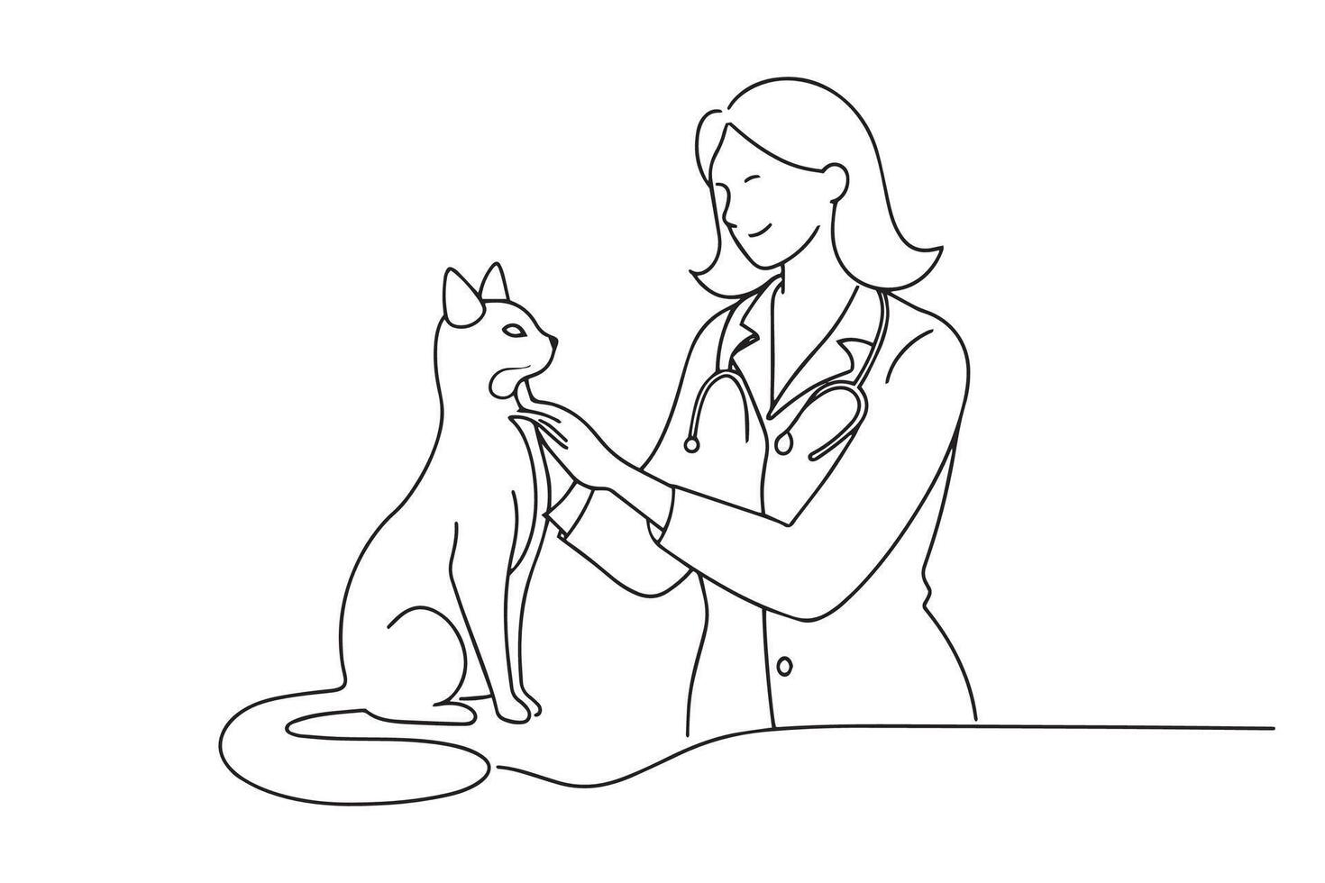 A woman holds a cat as a veterinarian conducts an examination, ensuring the pet's health and well-being One line continuous line art illustration on white background vector