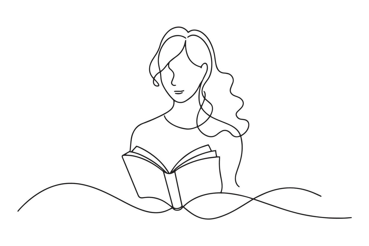 Woman engrossed in reading a book, showcasing her enjoyment and concentration in a whimsical style One line continuous line art illustration on white background vector