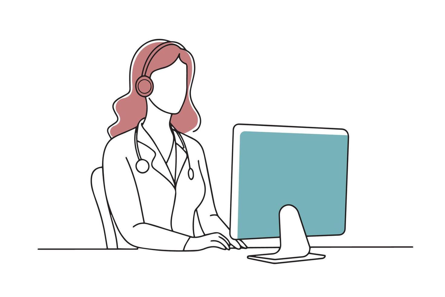 Female medical worker making a call on a computer doodle continuous line art illustration vector