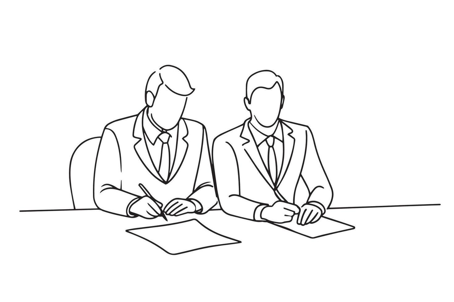 Two business professionals seated at a table, engaged in signing important documents together One line continuous line art illustration on white background vector