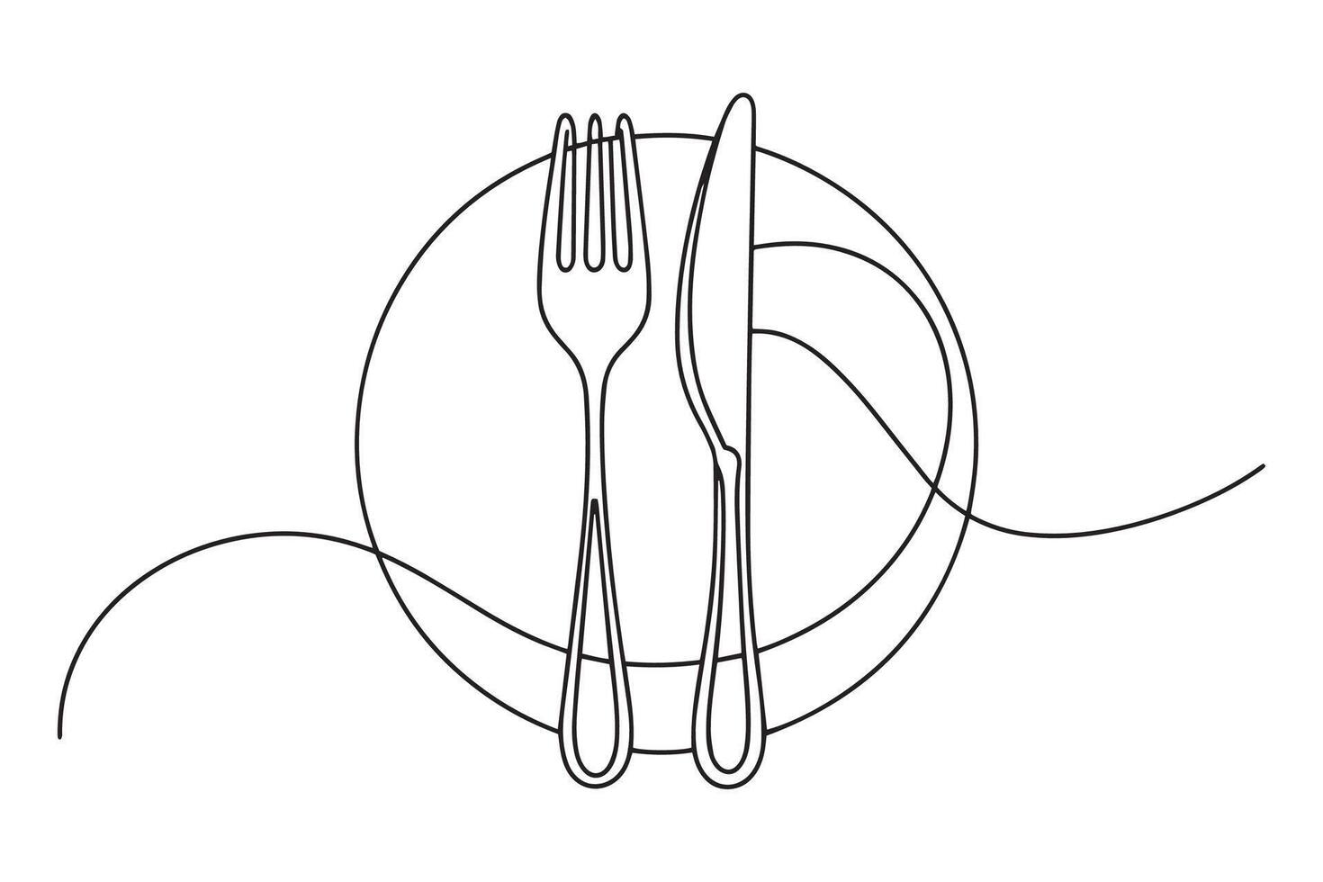 Cutlery set with fork and knife on a plate line art illustration. vector