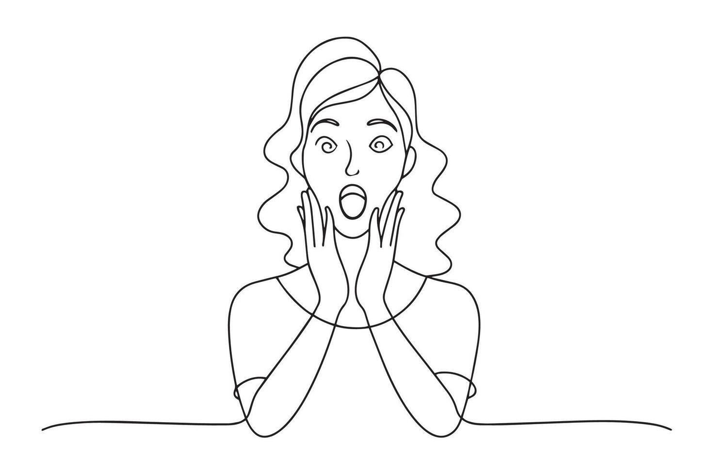 cartoon woman with a surprised expression holds her hands to her face, conveying shock or disbelief One line continuous line art illustration on white background. vector