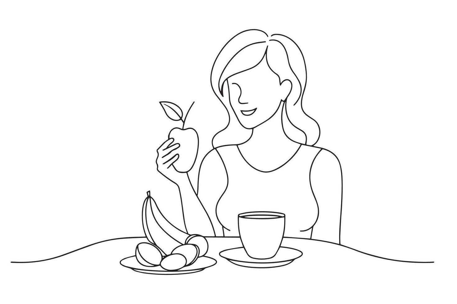 Young girl enjoying a healthy breakfast at a table, surrounded by fresh fruits and a cup of coffee, smiling contentedly One line continuous line art illustration on white background vector