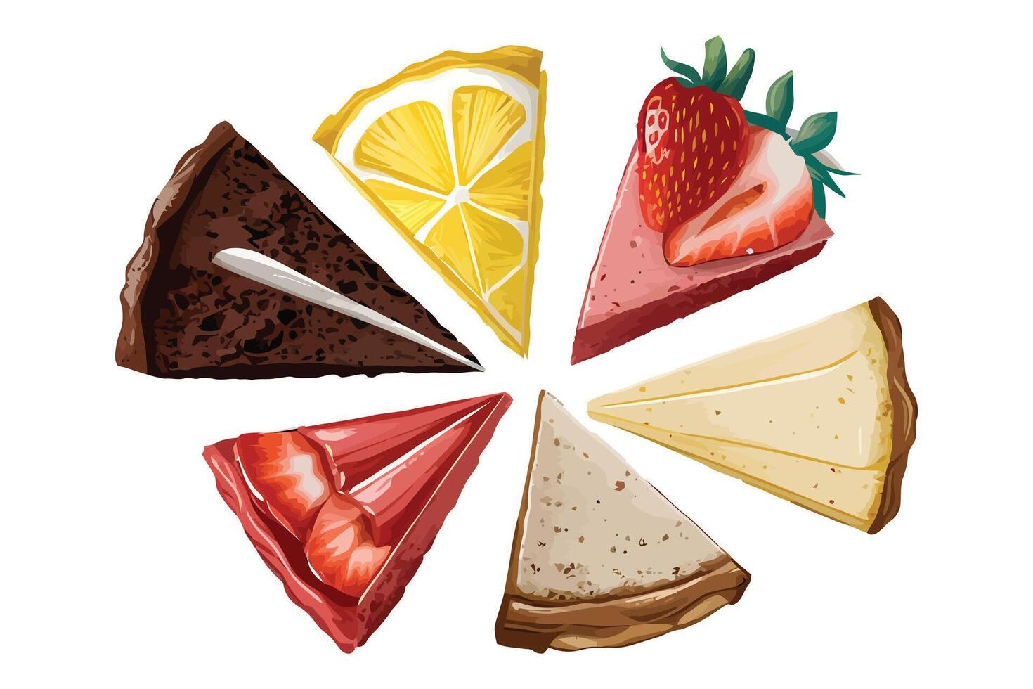Collection of cake slices illustration, different flavors vector