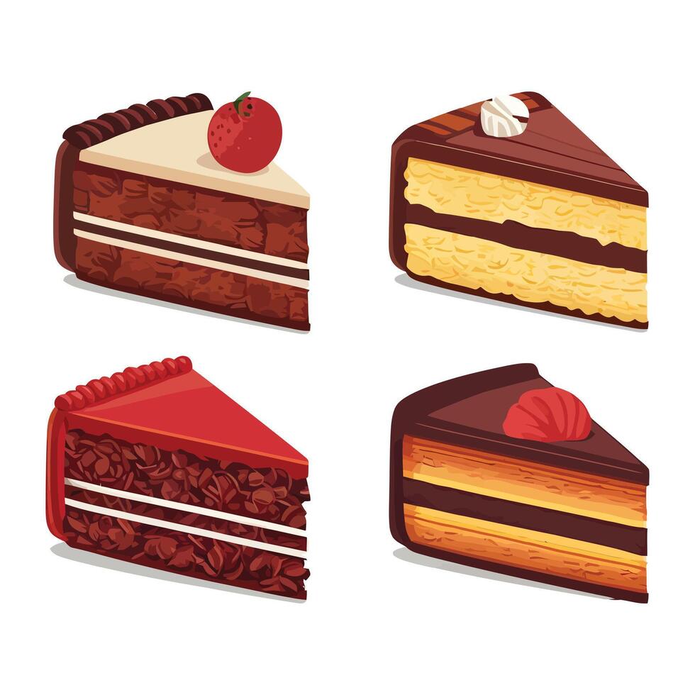 Strawberry chocolate cake slices set illustration, different flavors, isolated on white background vector