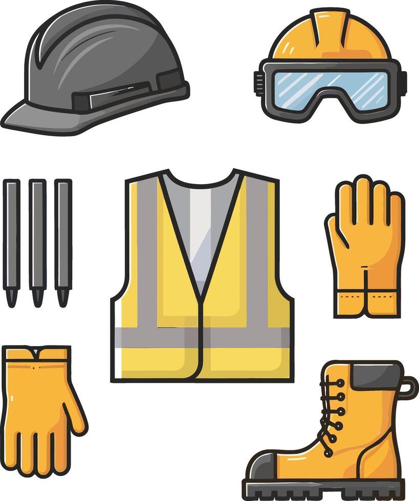 Construction worker cloth illustration, safety gear, gloves, vest, helmet and boot isolated on white background vector