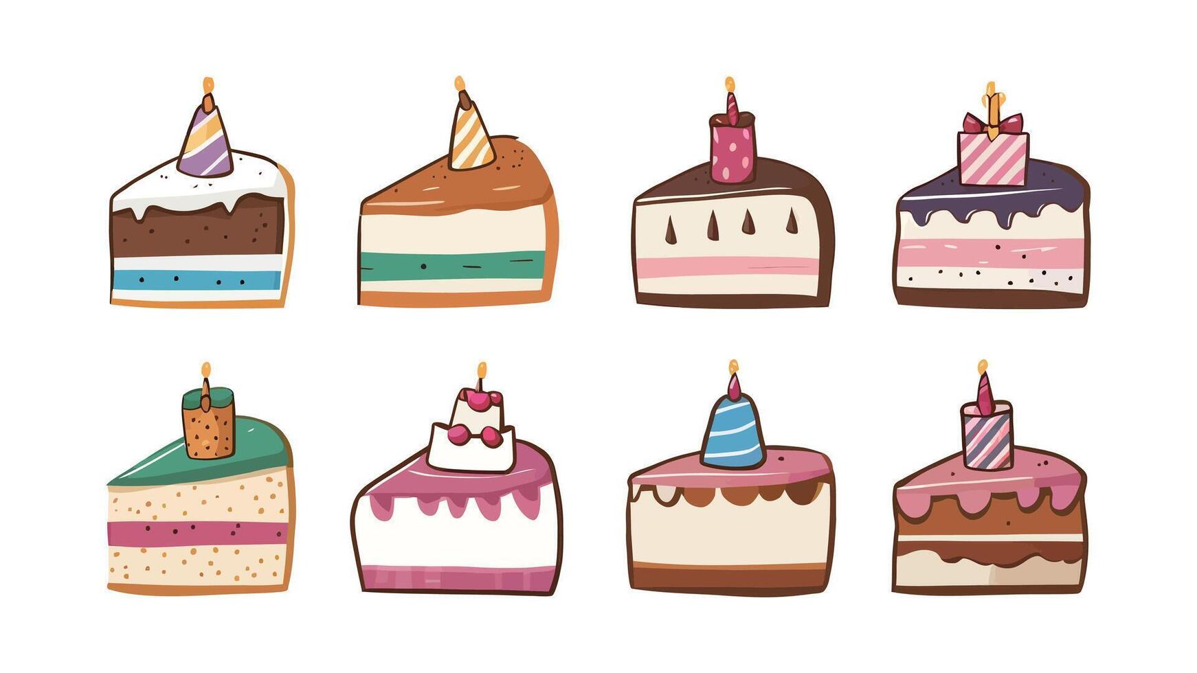Set of cute cartoon cake slices with candle illustration, different flavors, isolated on white background vector