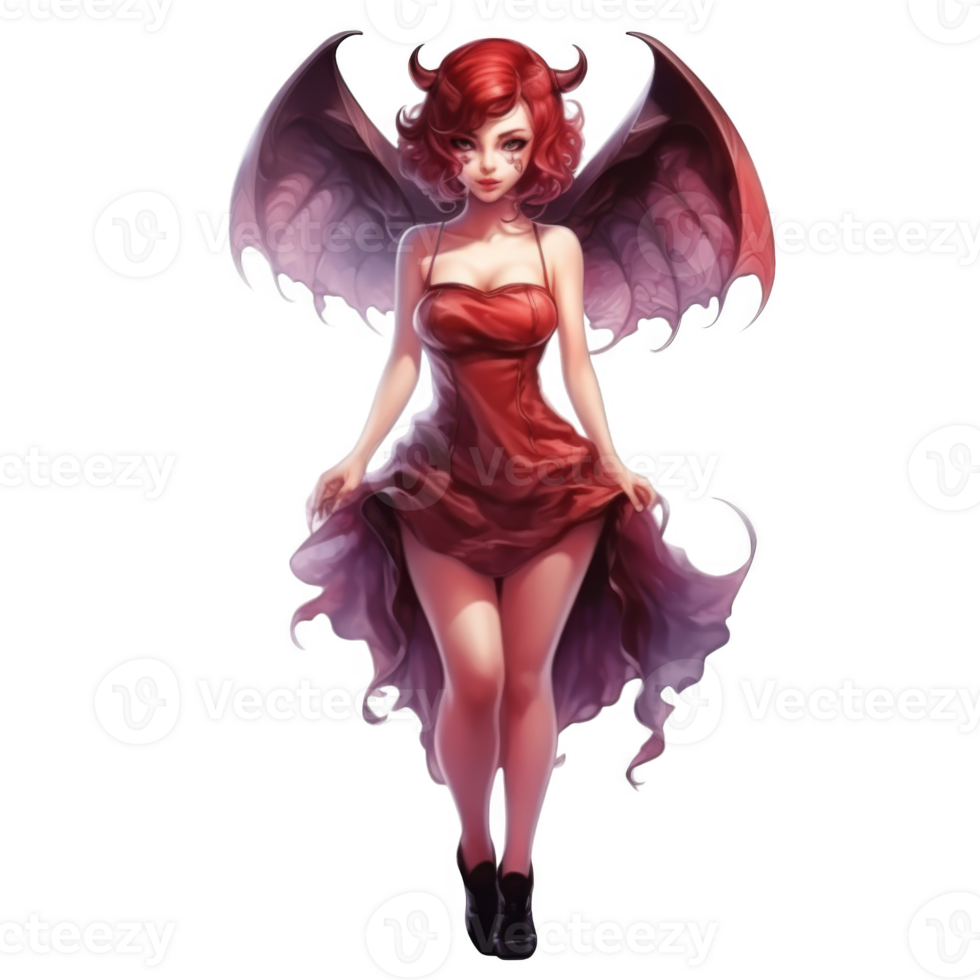 A Crimson-Haired Demoness with Bat-like Wings png