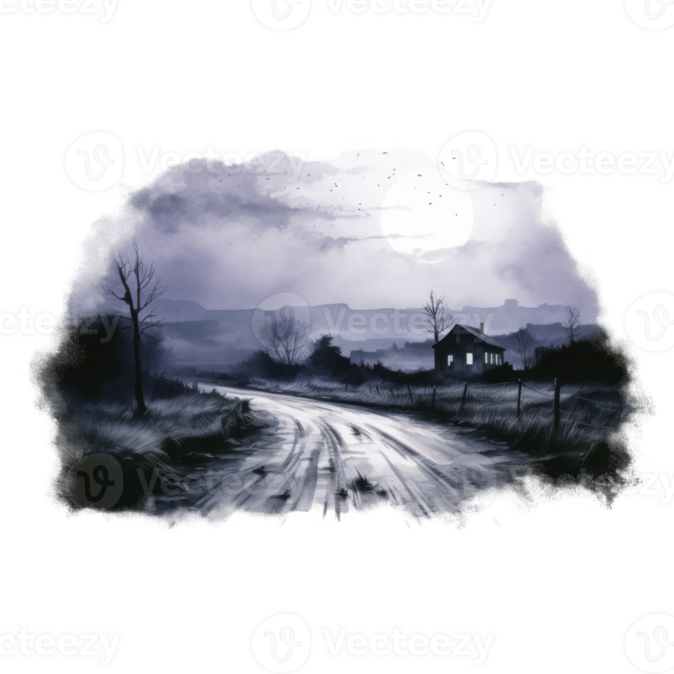 A Desolate Road Winding Past a Lonely House Under a Full Moon png