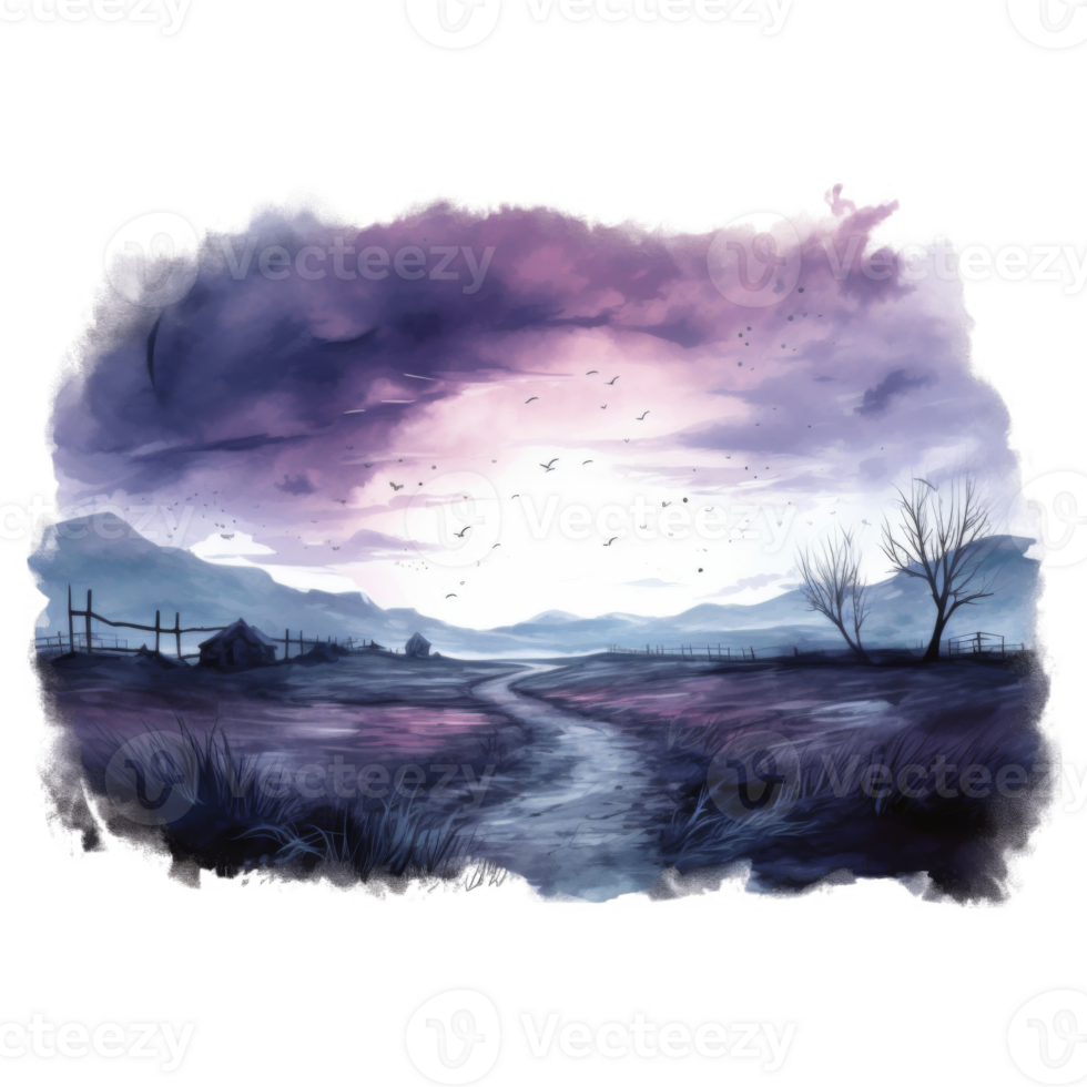 A winding dirt path through a purple and blue landscape with a distant cottage and a flock of birds flying overhead. png