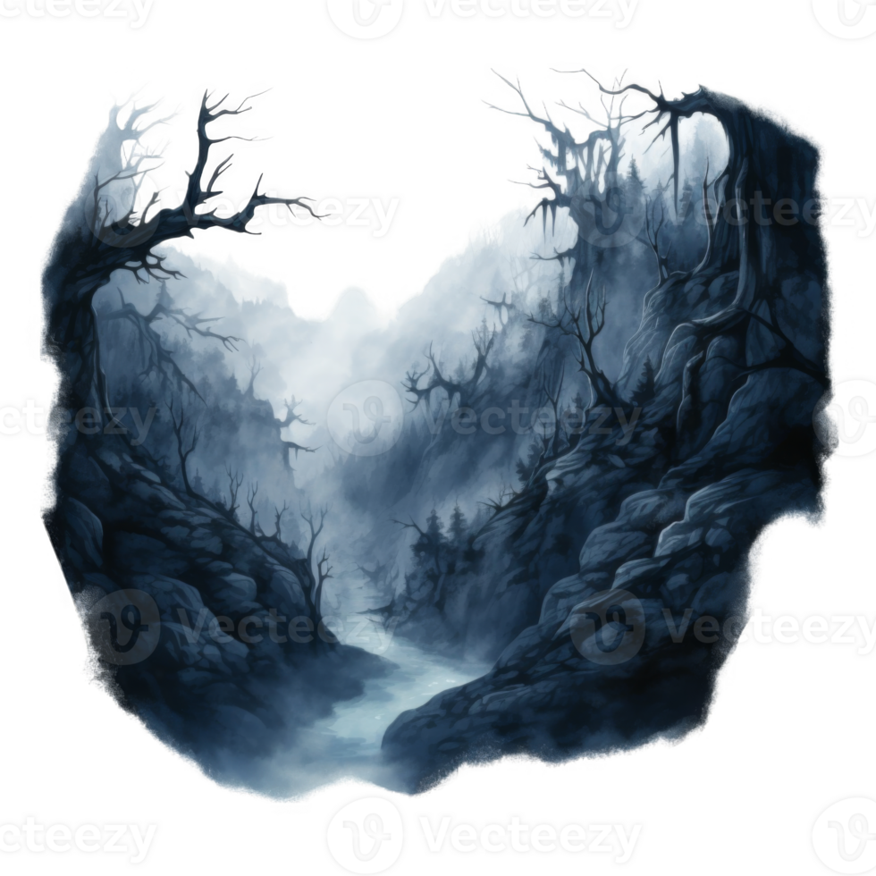 A Misty Forest Canyon with a Stream Running Through It png
