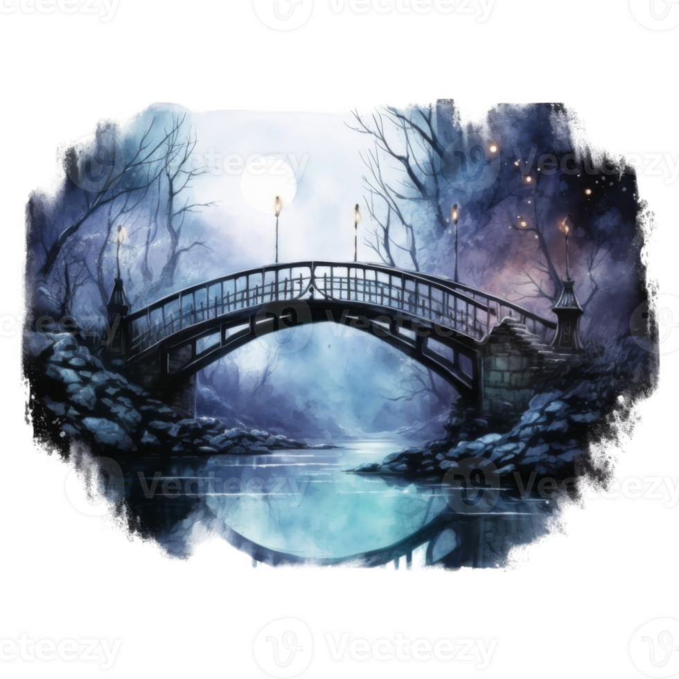 A Moonlight Bridge Across a Tranquil River in a Misty Forest png