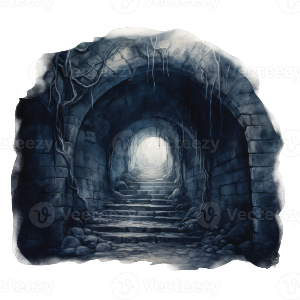 A stone archway leads to a set of stone steps with vines growing along the walls, bathed in a soft light png