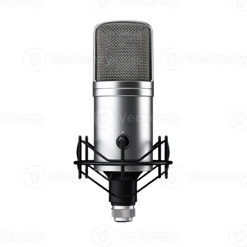 Silver Microphone With Metal Mesh And Shock Mount For Studio Recording On Isolated Background. png