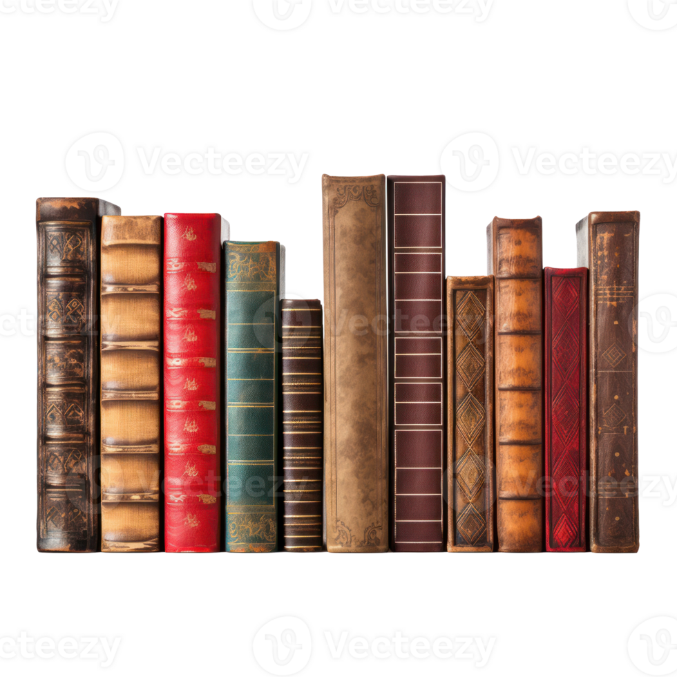 Collection of Vintage Hardcover Books on Isolated Background. Retro, Library, and Reading Concept png