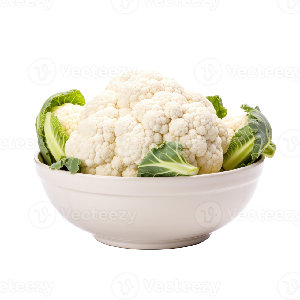 Close Up of Cauliflower Head with Crisp Leaves in Ceramic Bowl on Isolated Background png