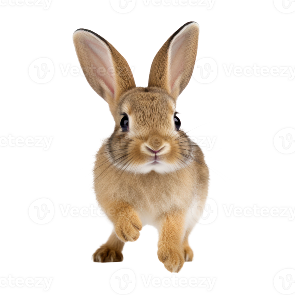 Brown Bunny With Fluffy Fur Hopping On Isolated Background. Cute Rabbit With Big Ears And Soft Fur png
