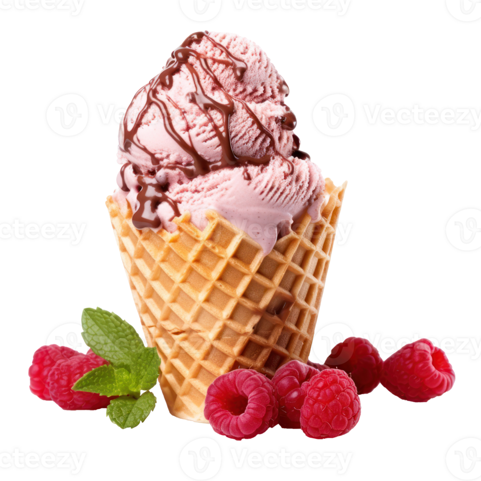 Raspberry Ice Cream Cone With Chocolate Drizzle And Fresh Berries On Isolated Background png
