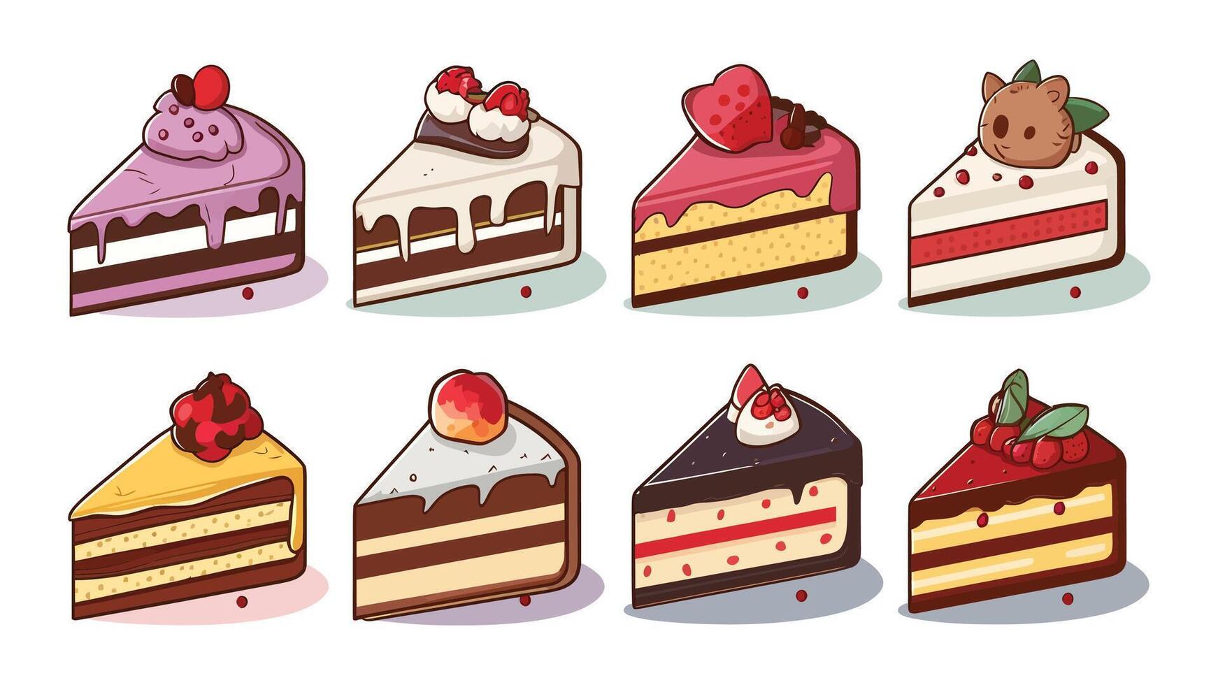 Collection of cute cartoon cake slices illustration, different flavors, isolated on white background vector