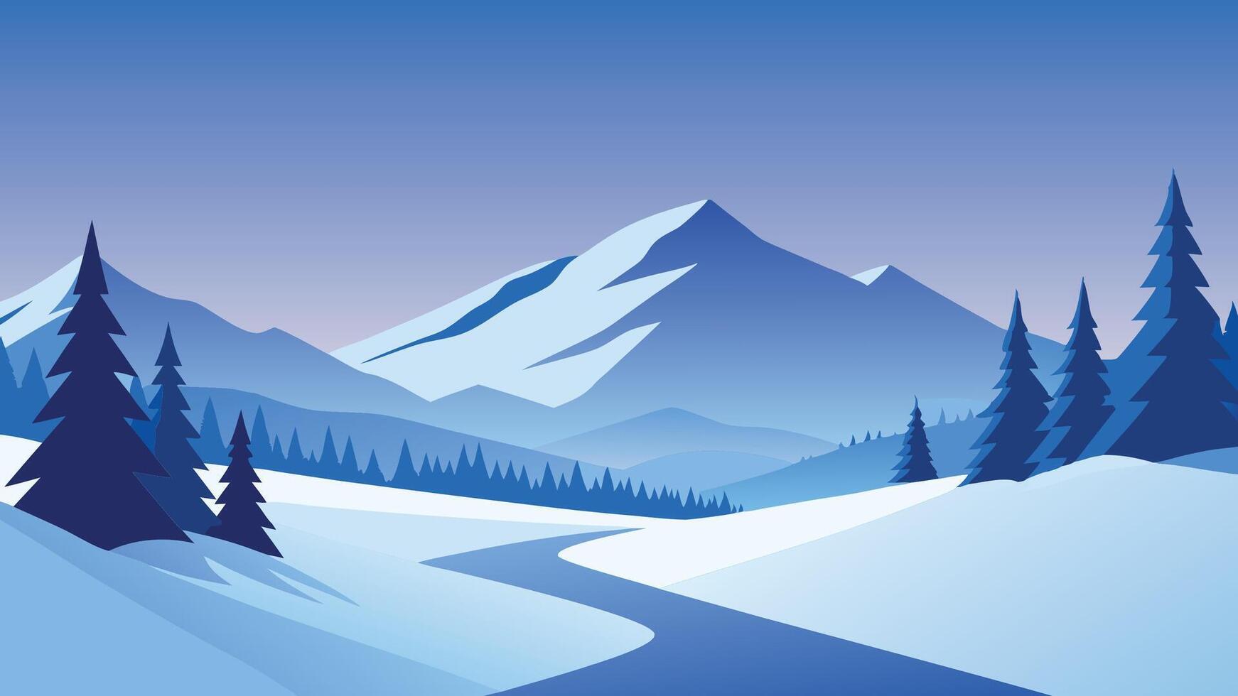Snowy landscape with trees adorned in snow, illustrating the peacefulness of a winter wonderland flat illustration vector