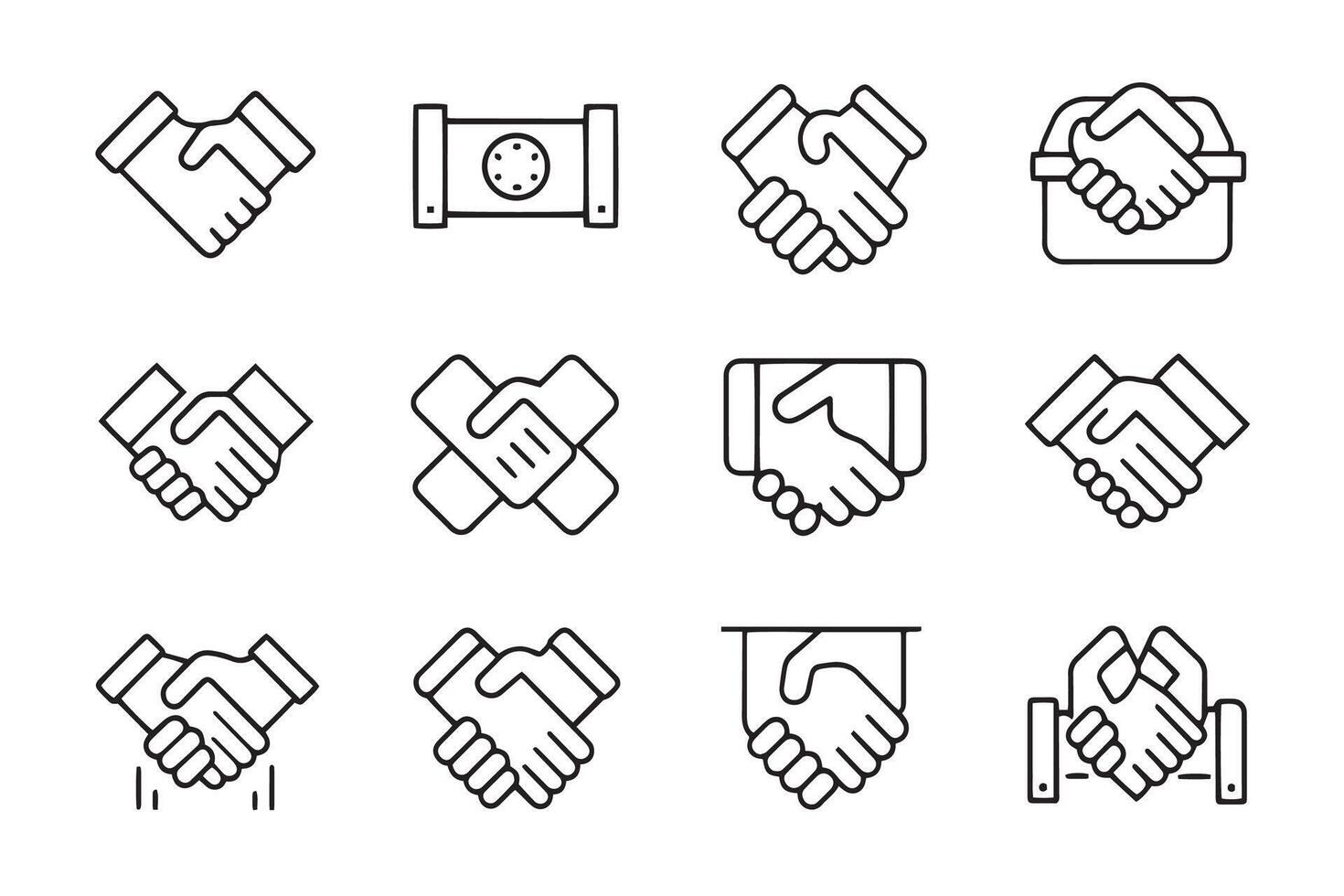 Handshake, agreement, partnership, commitment related black stroke outline icons set isolated flat illustration on white background vector