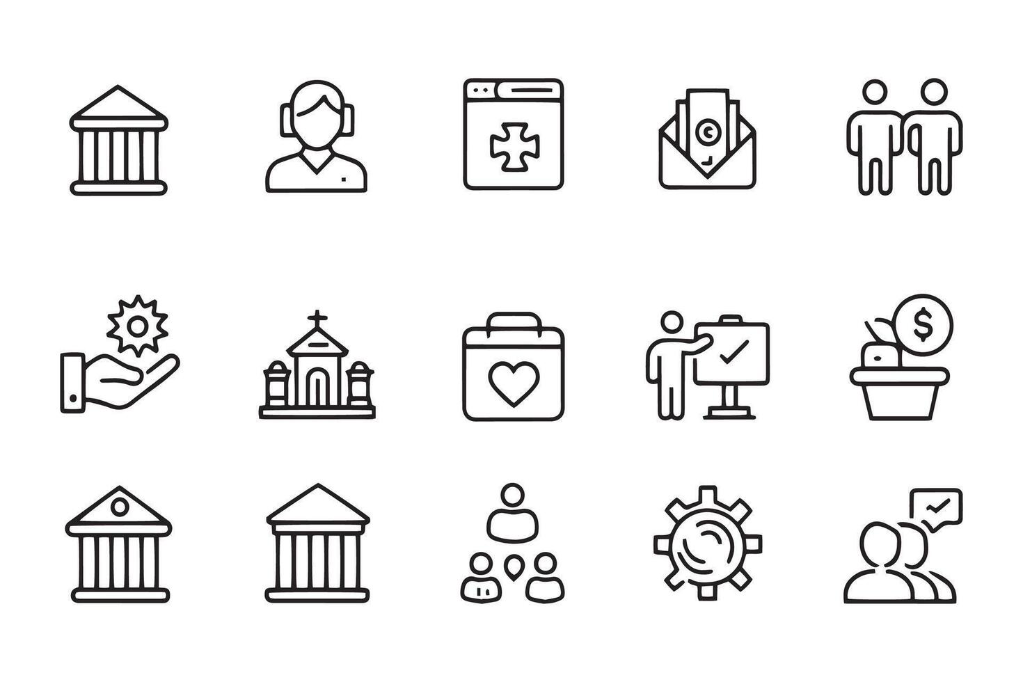 Social policy concept related black stroke outline icons set isolated flat illustration on white background. vector