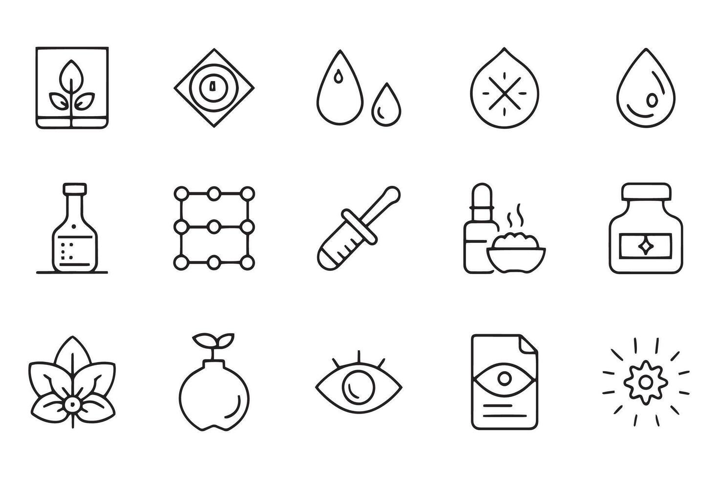 Hyaluronic acid concept related black stroke outline icons set isolated flat illustration on white background vector