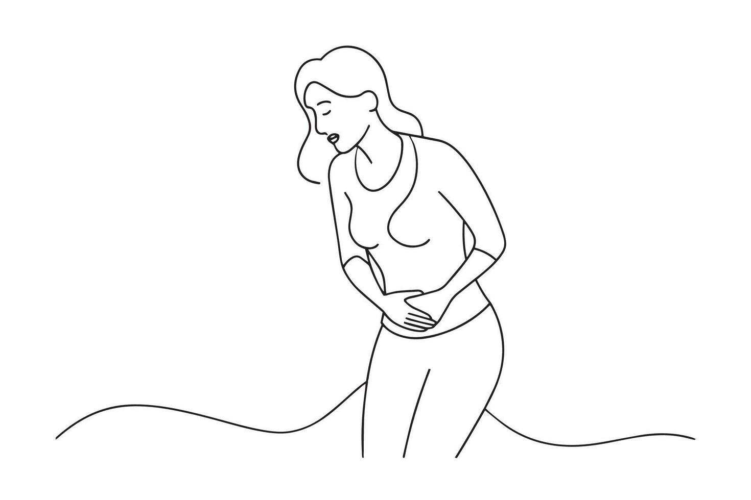 Woman holding her stomach, expressing discomfort due to abdominal pain One line continuous line art illustration on white background vector