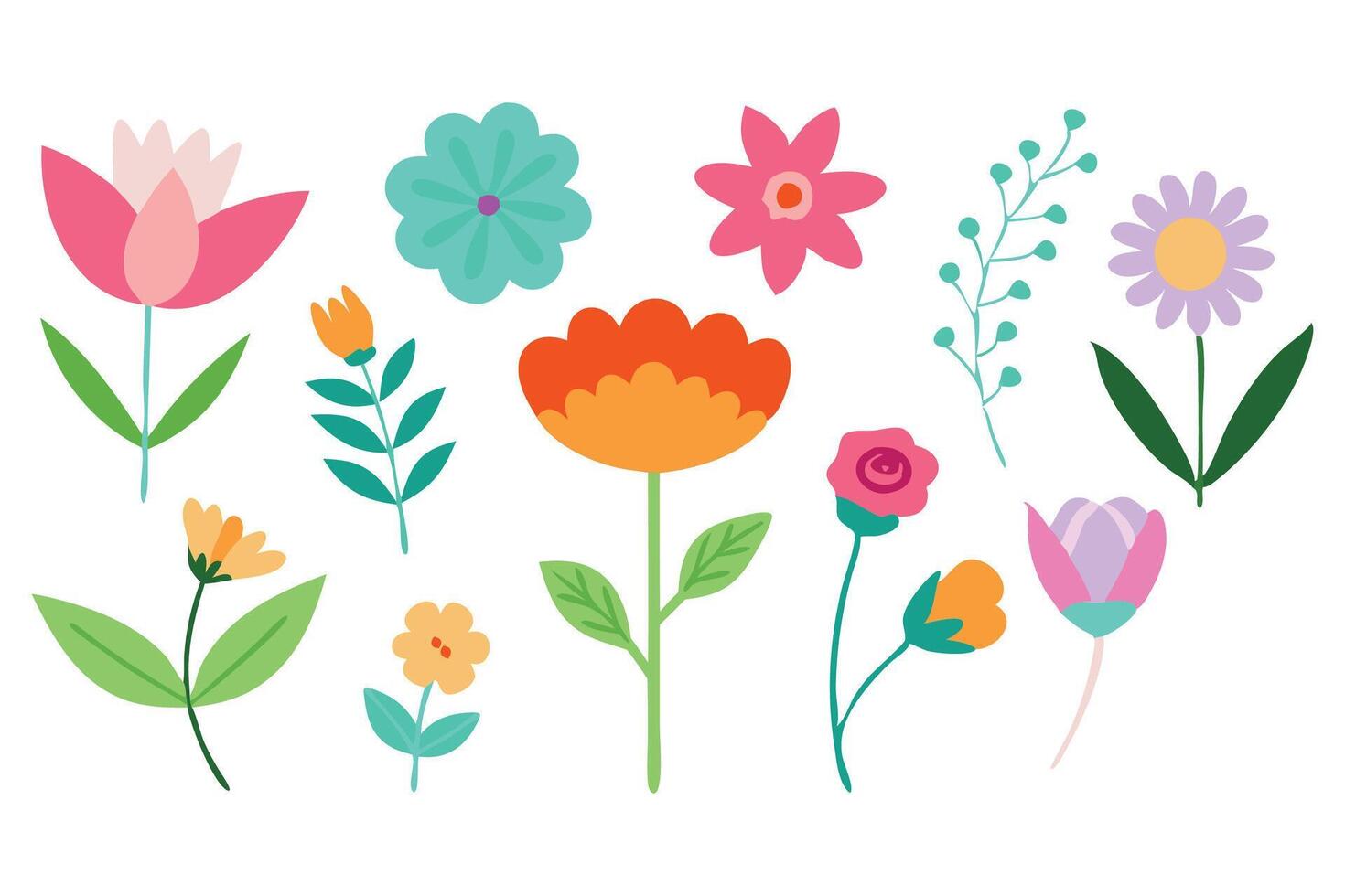 Collection of Vibrant Spring Flower Elements A Hand Drawn Floral Set Featuring Wildflowers, Leaves, and Foliage illustration set on a White Background vector