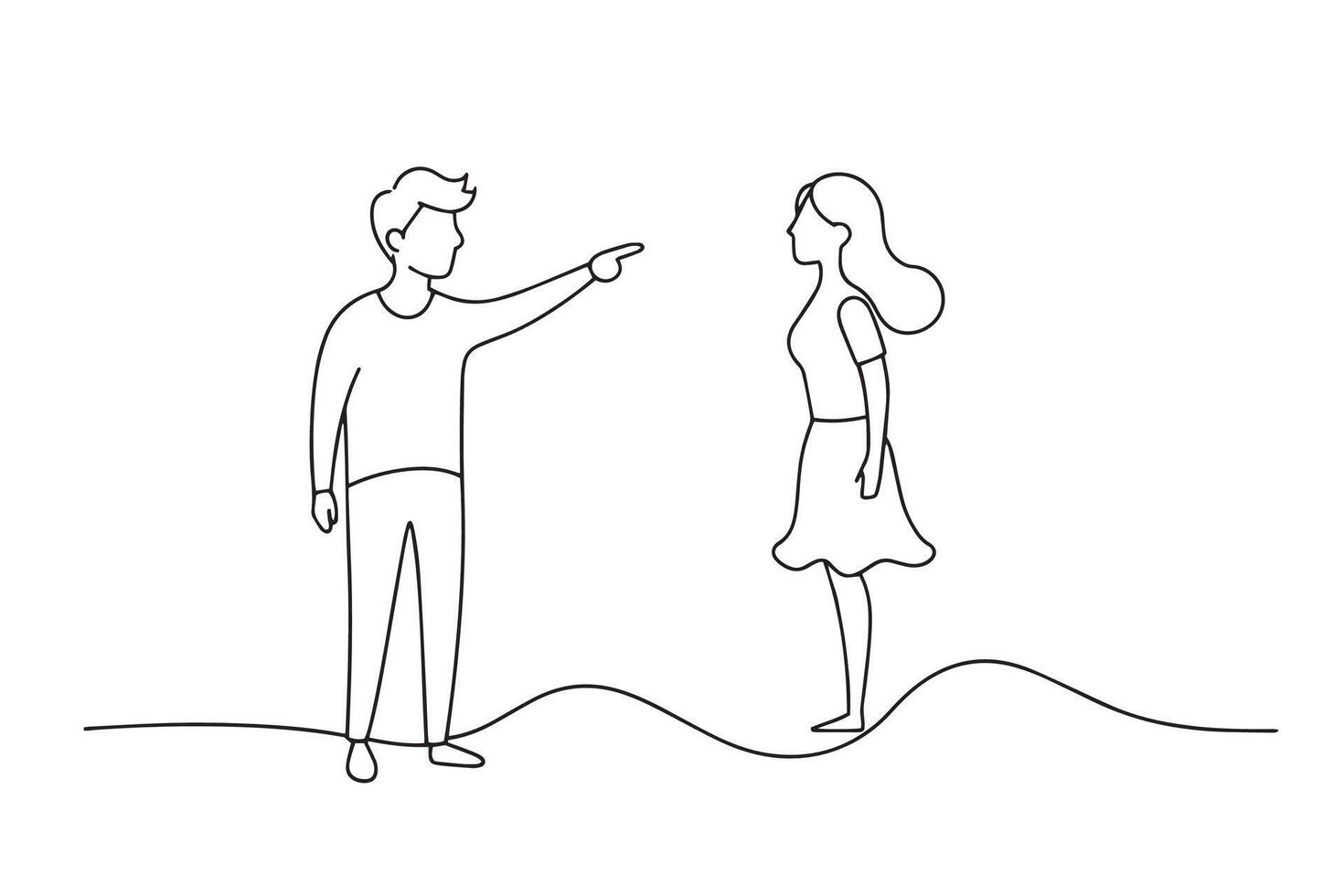 man pointing at a woman, suggesting a moment of discussion or attention directed towards her One line continuous line art illustration on white background vector