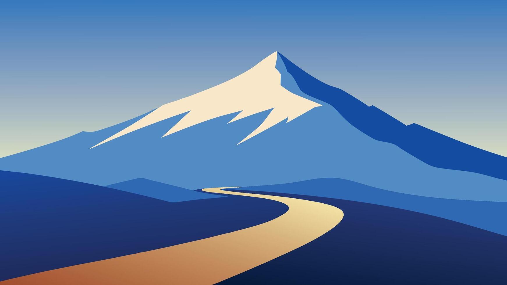 A scenic mountain landscape featuring a dirt road winding towards a majestic mountain peak under a clear blue sky flat illustration. vector
