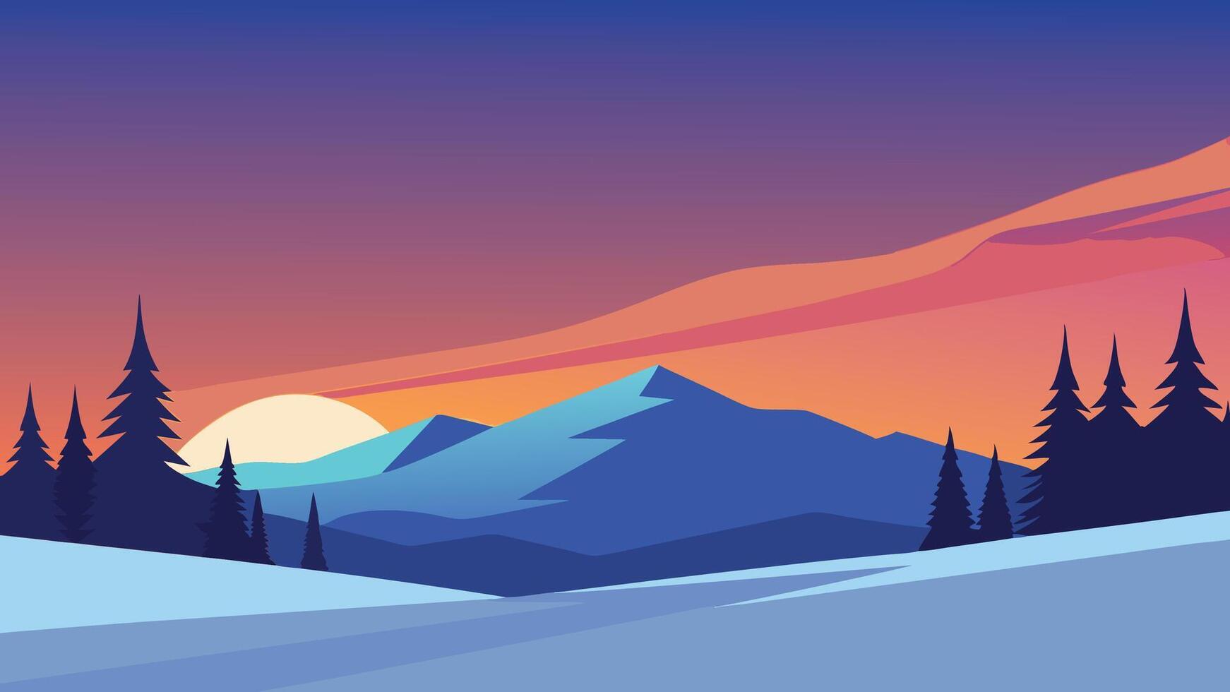 Winter scene showcasing snow-laden trees against a backdrop of a bright, colorful sky flat illustration vector