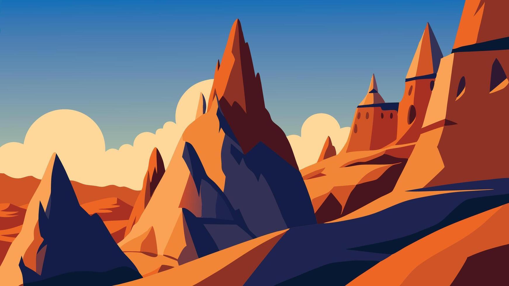 Stunning rock formations in Cappadocia, Turkey, showcasing unique geological features and breathtaking landscapes flat illustration. vector