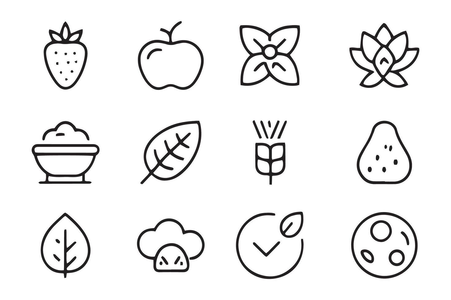Eco, vegan, vegetarian, and allergens concept related black stroke outline icons set isolated illustration on white background vector