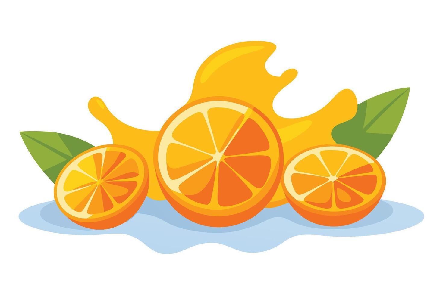 Fresh orange slices splashing in water flat illustration on white background. vector
