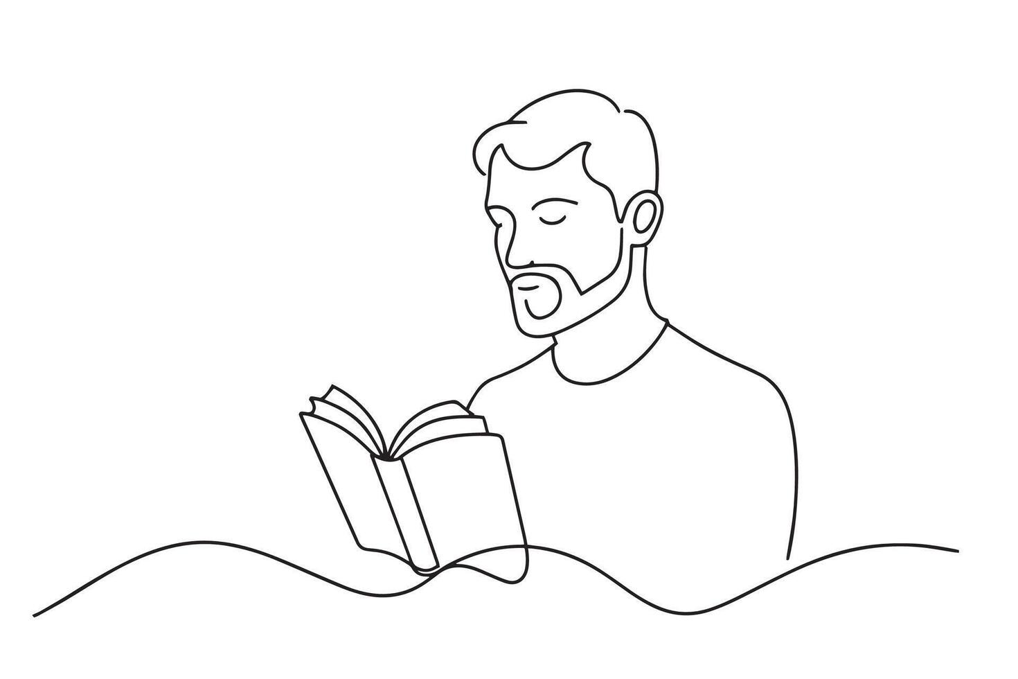 Man engrossed in reading a book, showcasing a relaxed and thoughtful expression One line continuous line art illustration on white background vector