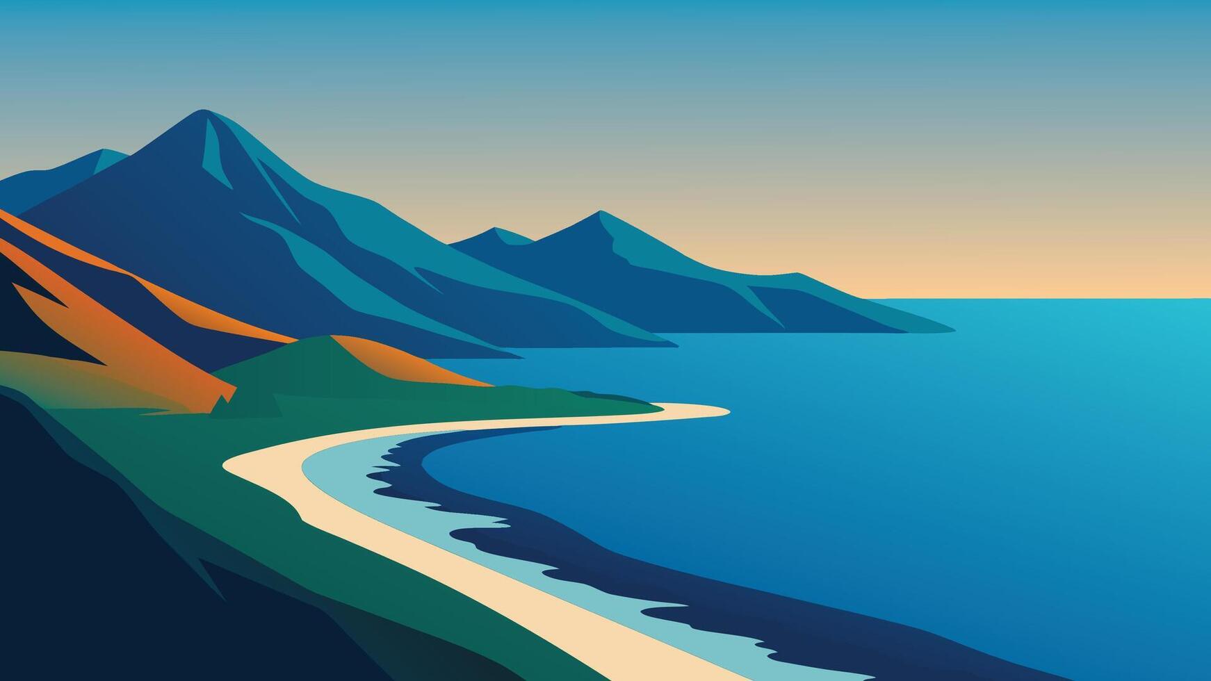 Aerial view showcasing the coastline meeting the mountains, highlighting the natural beauty of land and sea flat illustration vector