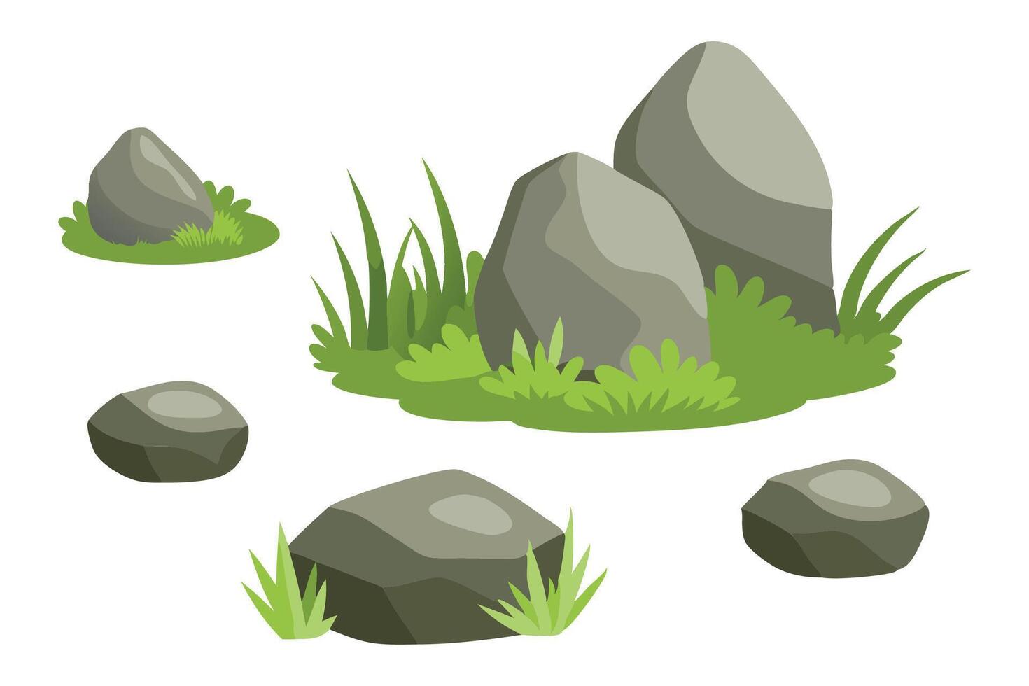 Rocks and patches of grass arranged illustration set on white background. vector