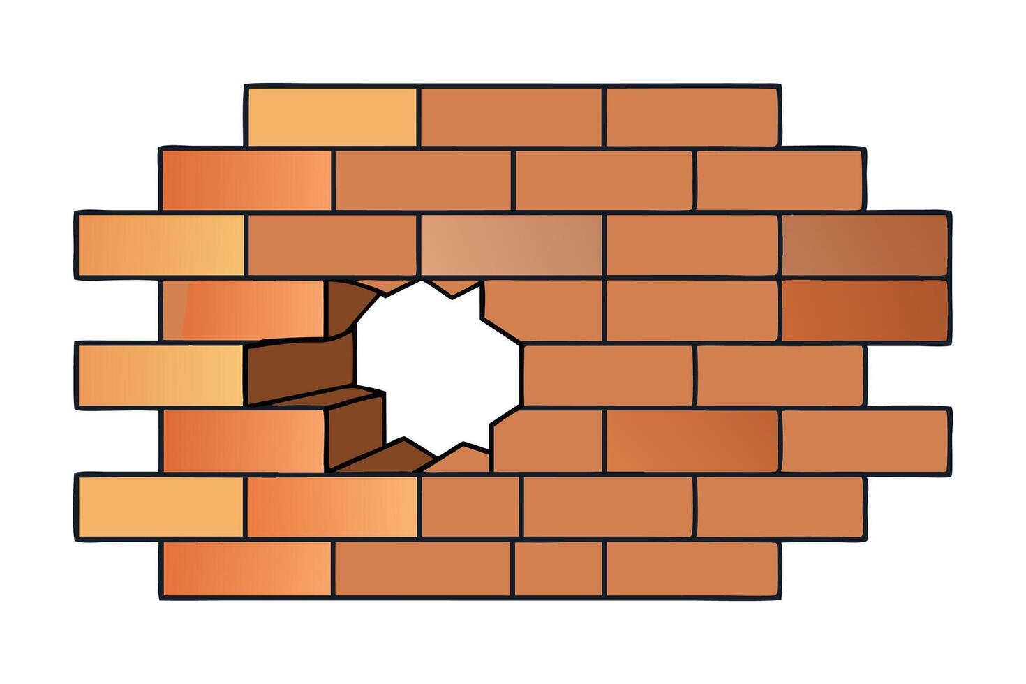 A brick wall featuring a noticeable hole, revealing the space behind it, showcasing the texture of the bricks flat illustration on white background vector