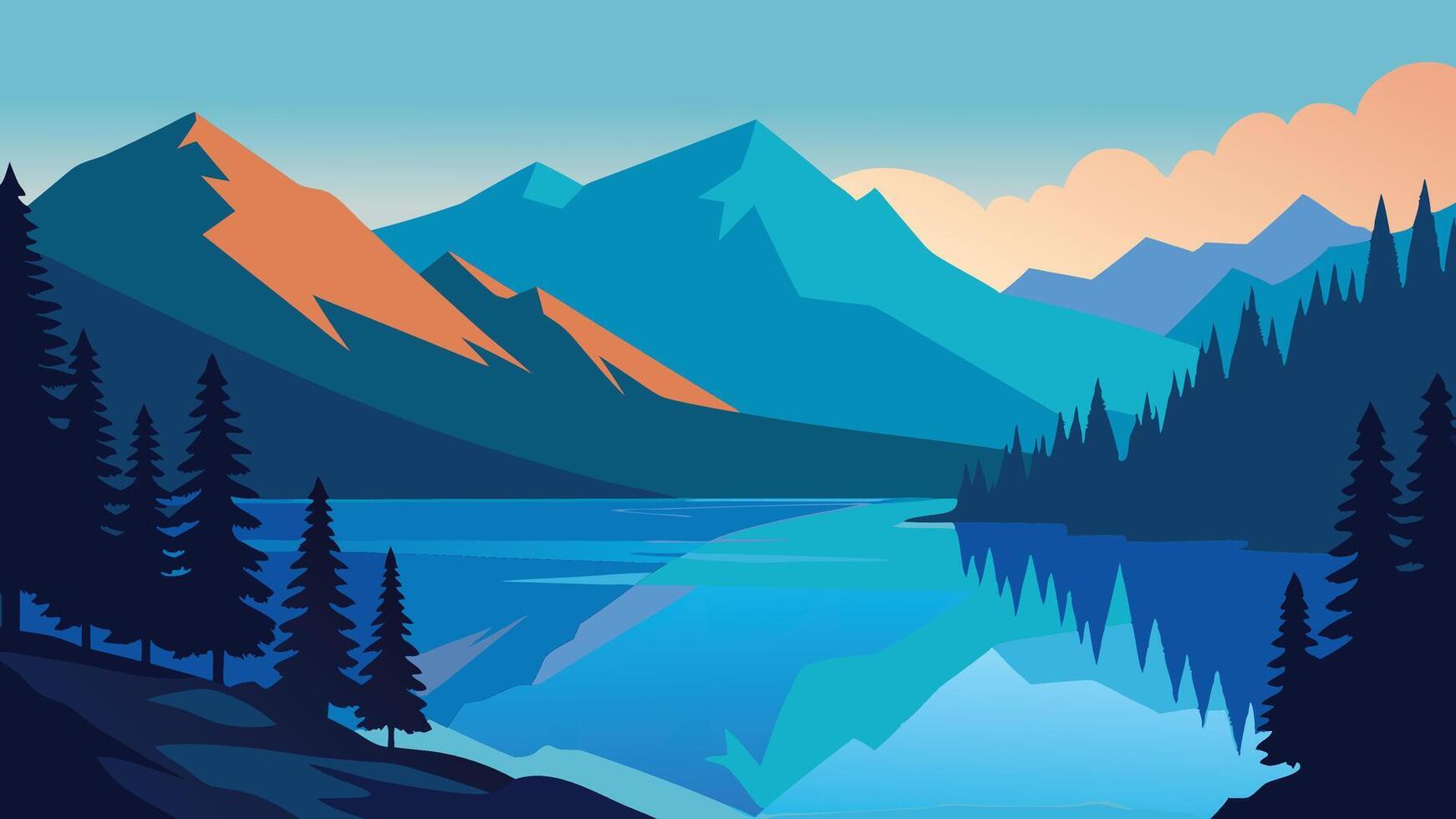 Picturesque lake encircled by towering mountains and vibrant trees, showcasing the harmony of the natural landscape flat illustration vector