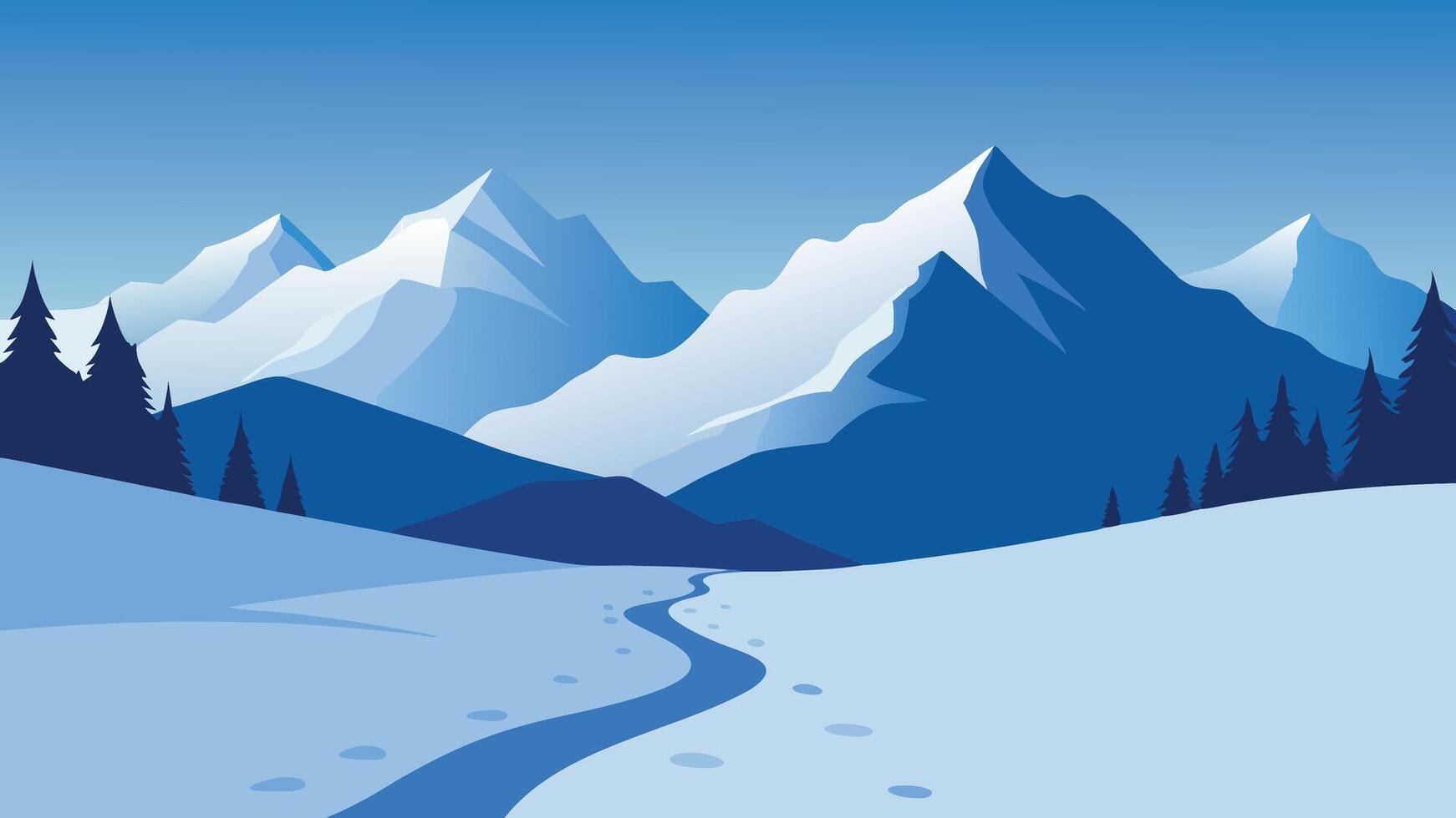 Snowy mountain landscape featuring distinct footprints leading through the fresh snow, showcasing a serene winter scene flat illustration. vector