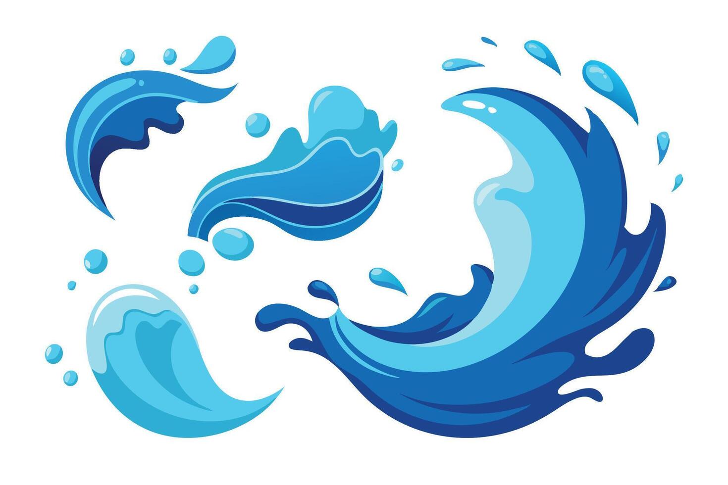 Dynamic water splash, showcasing droplets and waves flat illustration on white background. vector
