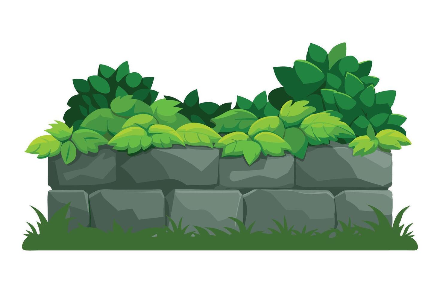 Stone wall covered in lush green plants, creating a natural and serene atmosphere flat illustration on white background. vector