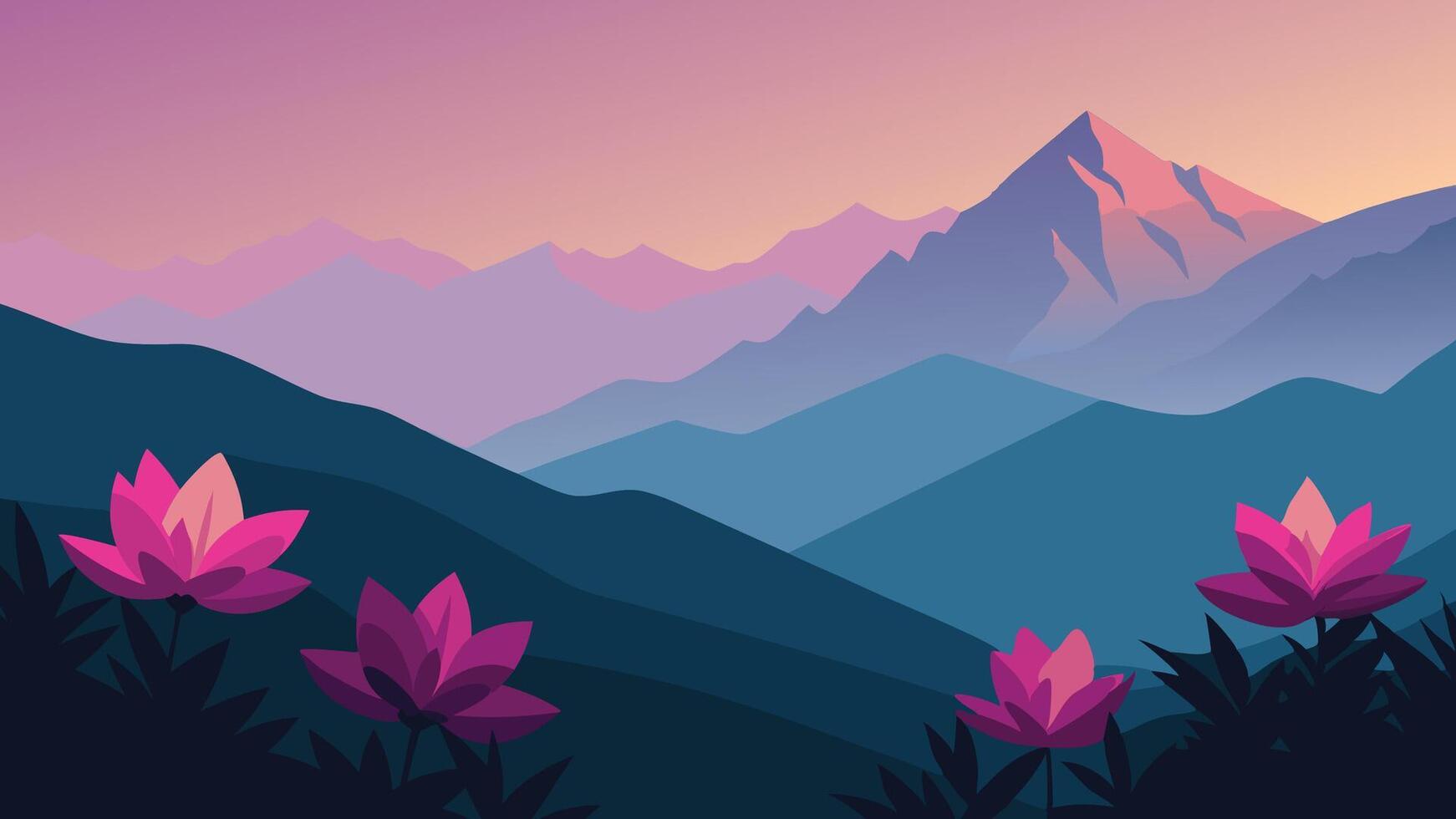 Magic pink rhododendron flowers in the mountains. Summer sunrise flat illustration vector