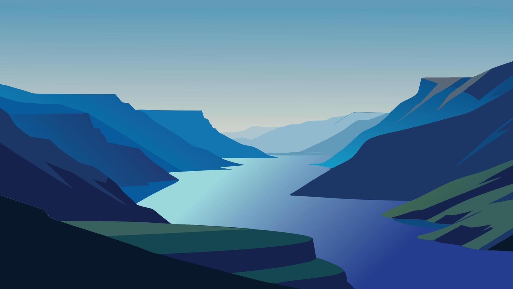 Panoramic morning view of Sorvagsvatn lake, Vagar, Faroe Islands, Denmark, Europe. Exciting summer seascape of Atlantic Ocean flat illustration vector